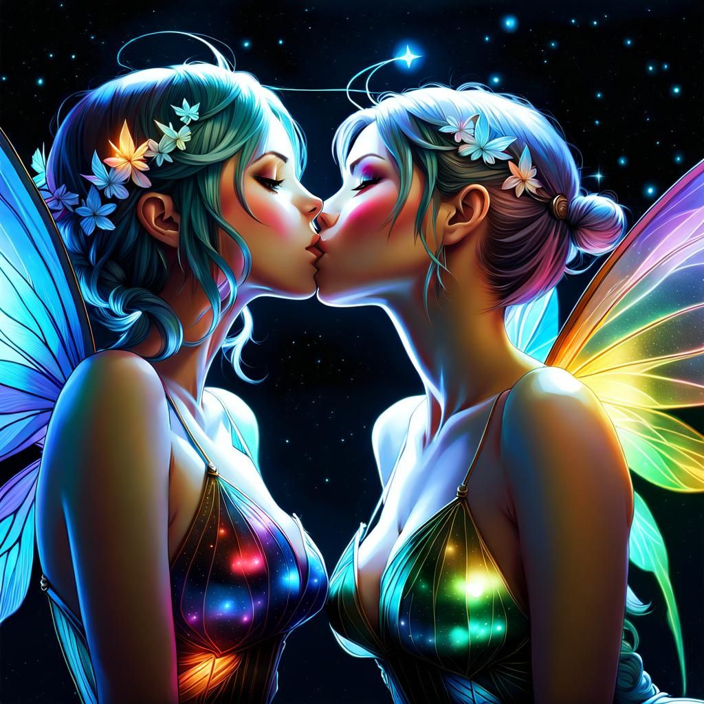Lesbian Fairies Kissing Under Rainbow Sky