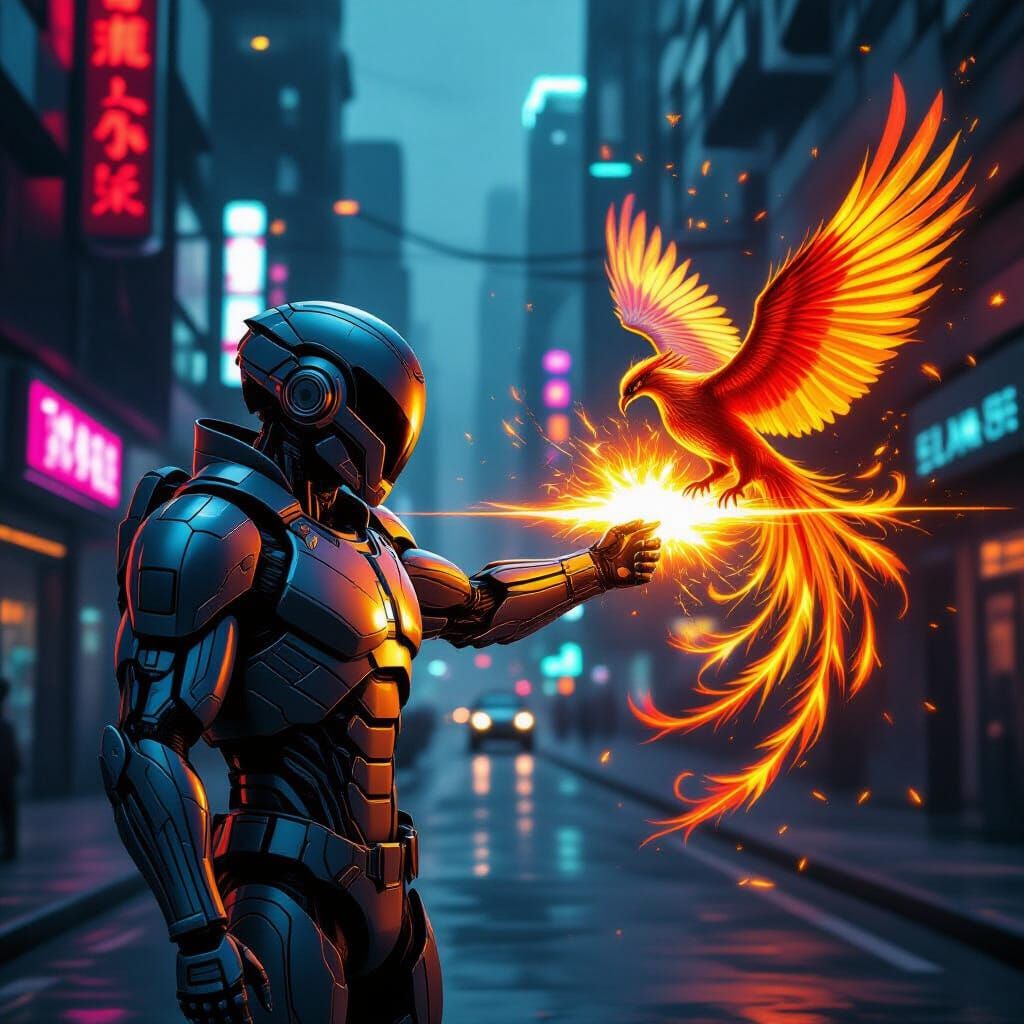 Futuristic Cyborg Zaps a Blazing Phoenix in Cyberpunk Style