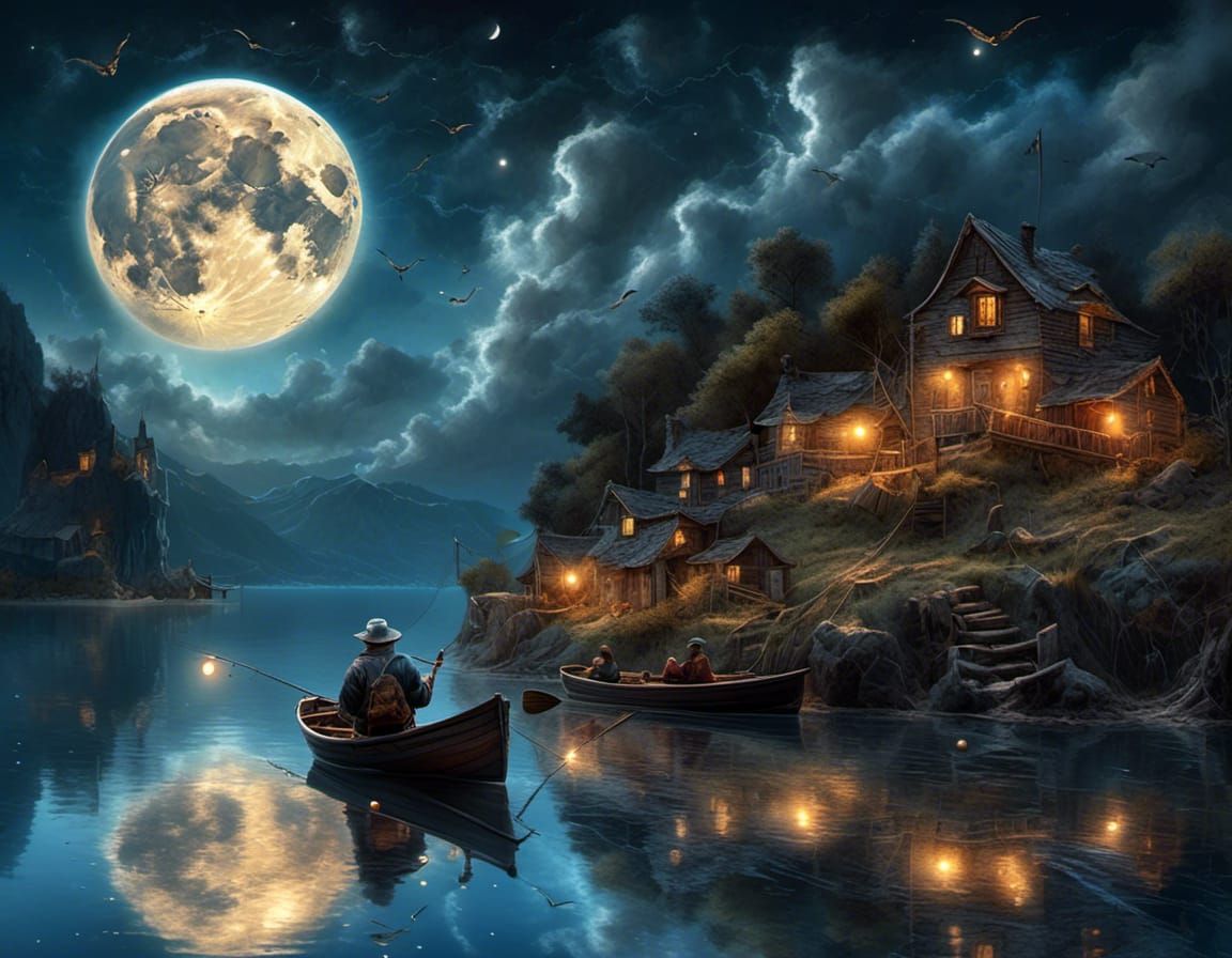 Night Fishing: Fisherman Under Two Moons