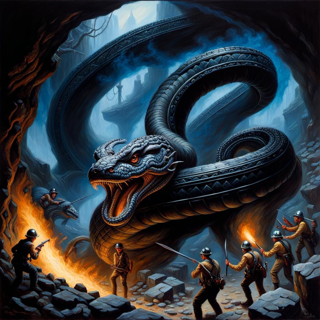 Serpent Attack in Dark Caverns: Steampunk Oil Painting