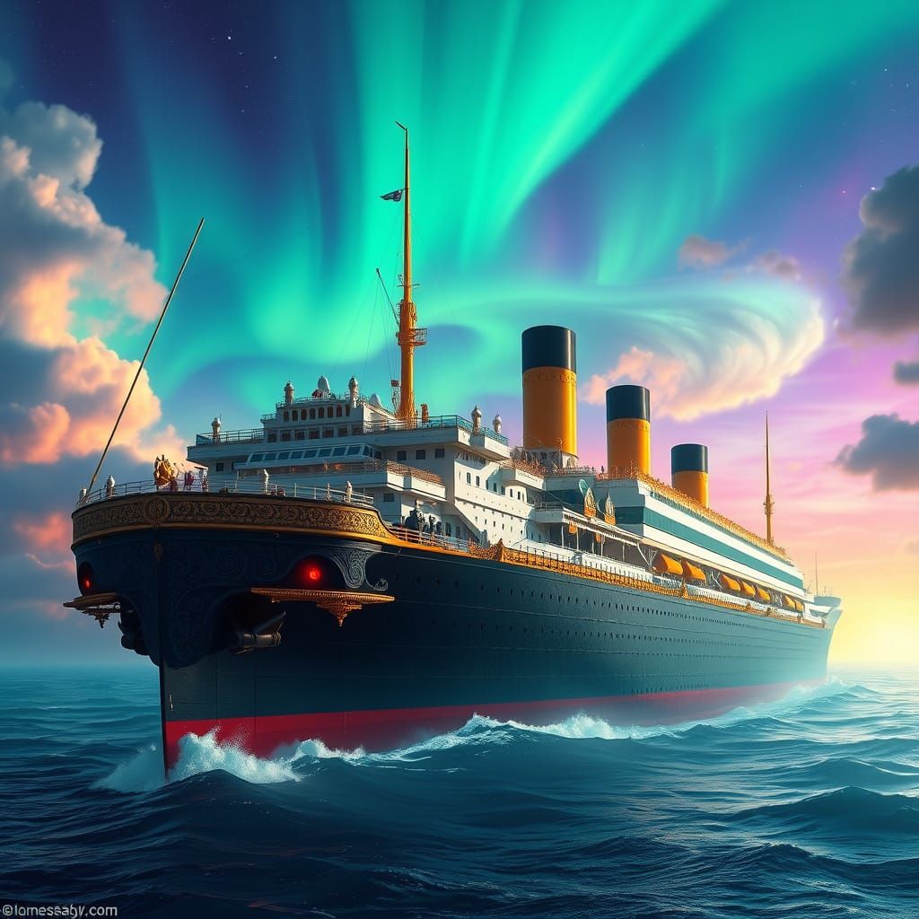 Ethereal Titanic Metropolis Under Aurora Skies