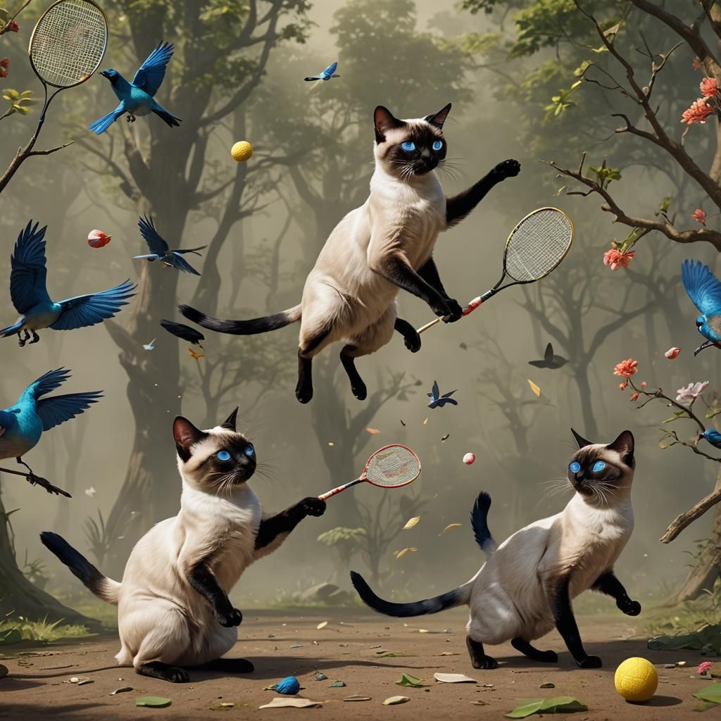 Siamese Cats Play Badminton: Detailed Digital Painting