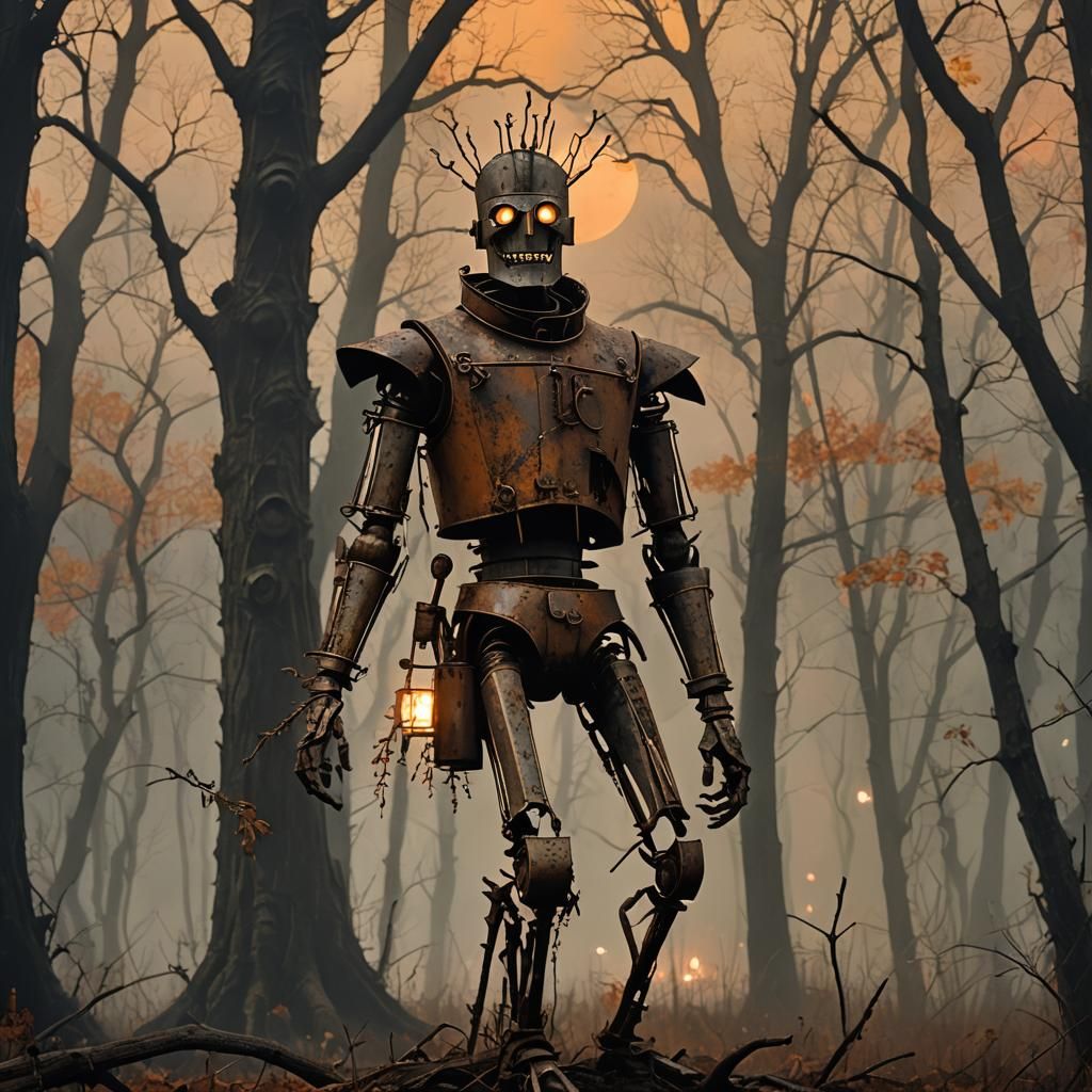 Rusty Tin Woodsman in Dark Autumn Forest