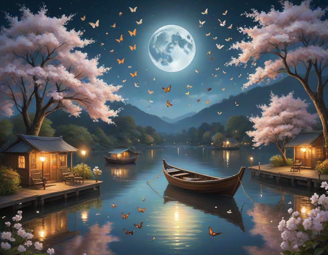 Moonlit Fishing Boats with Reflections and Fireflies