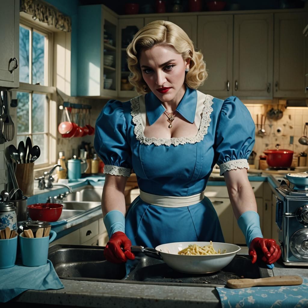 Ethereal Madonna in 1950s Kitchen, Rubbergloves Shining