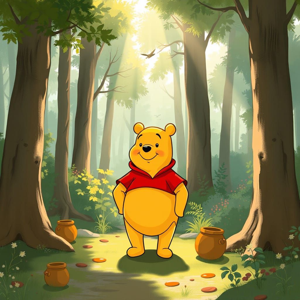 Lovable Winnie the Pooh in a Whimsical Forest Landscape