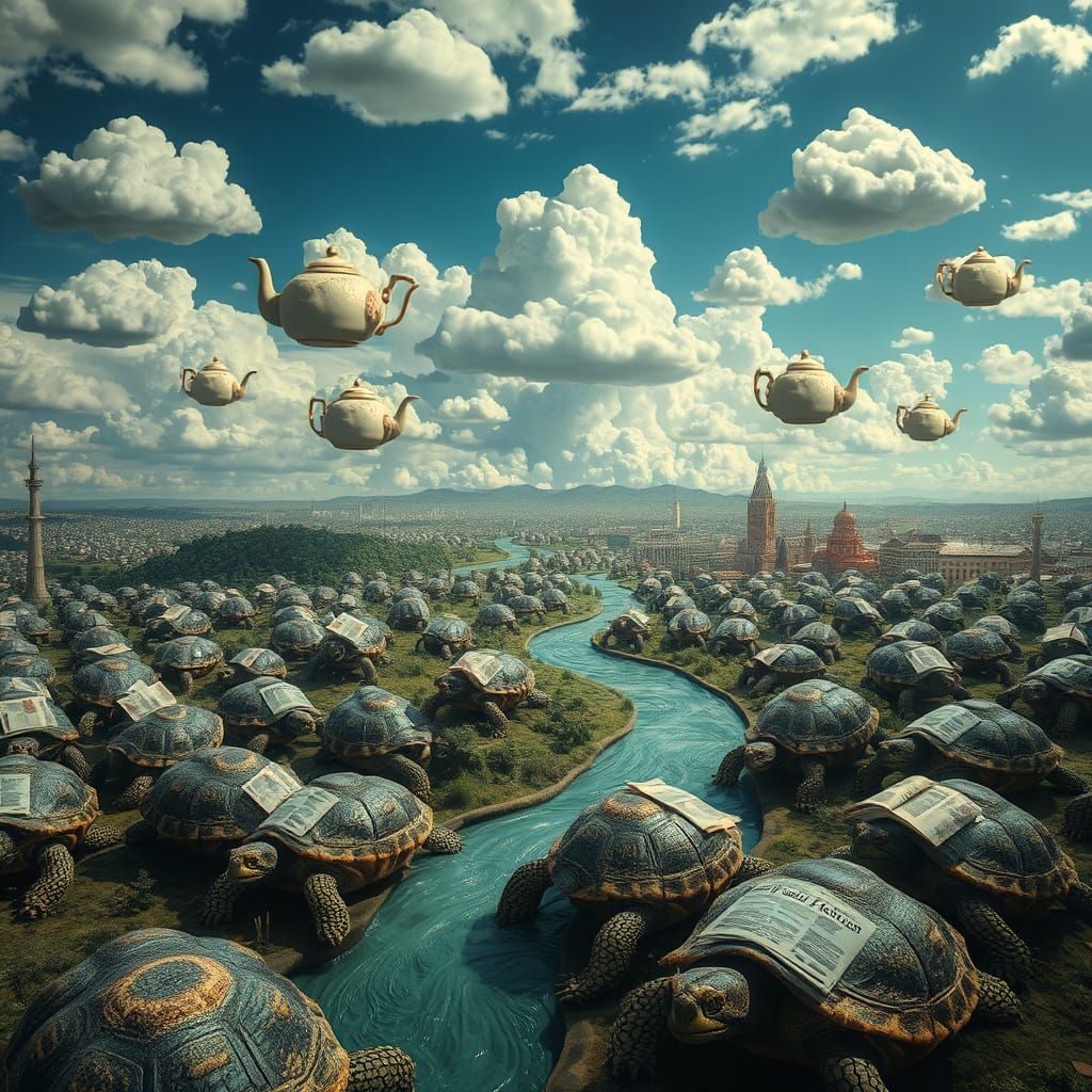 Dreamlike Surreal Scene With Teapot Clouds and Eye Forest