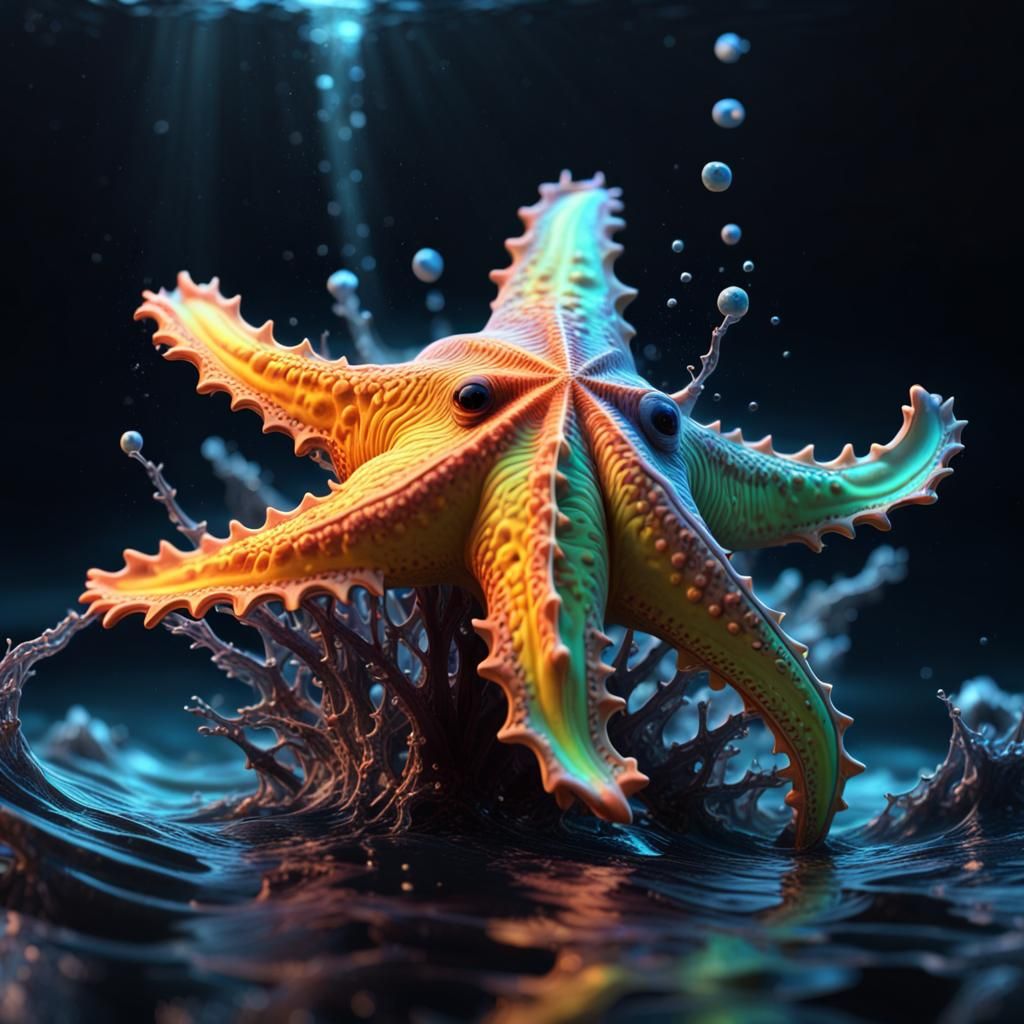 Hyperrealistic Starfish in Ocean Splash Art