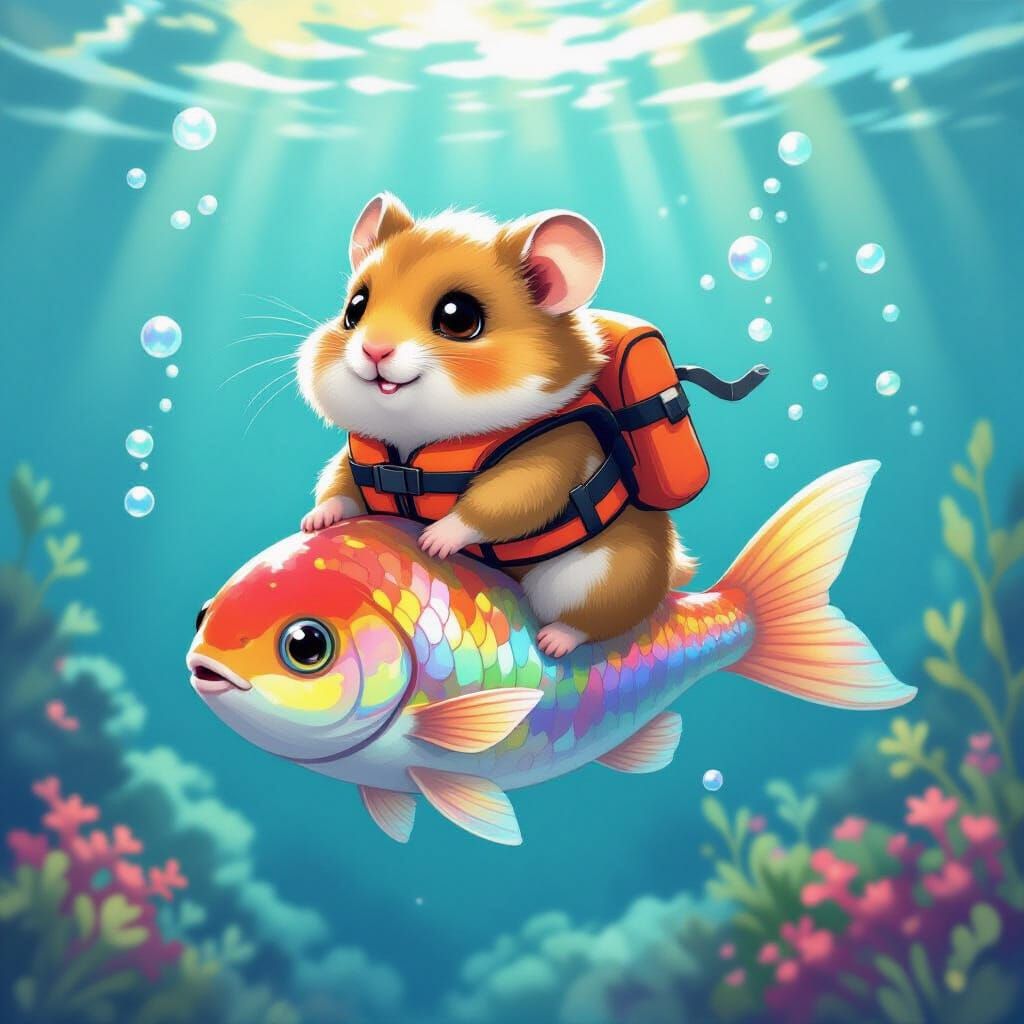 Hamster's Underwater Adventure in Dreamy Anime Style