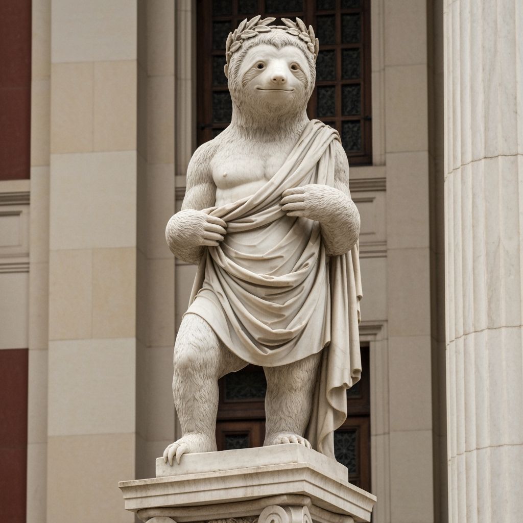 Marble Sloth Statue in Roman Toga with Laurel Crown