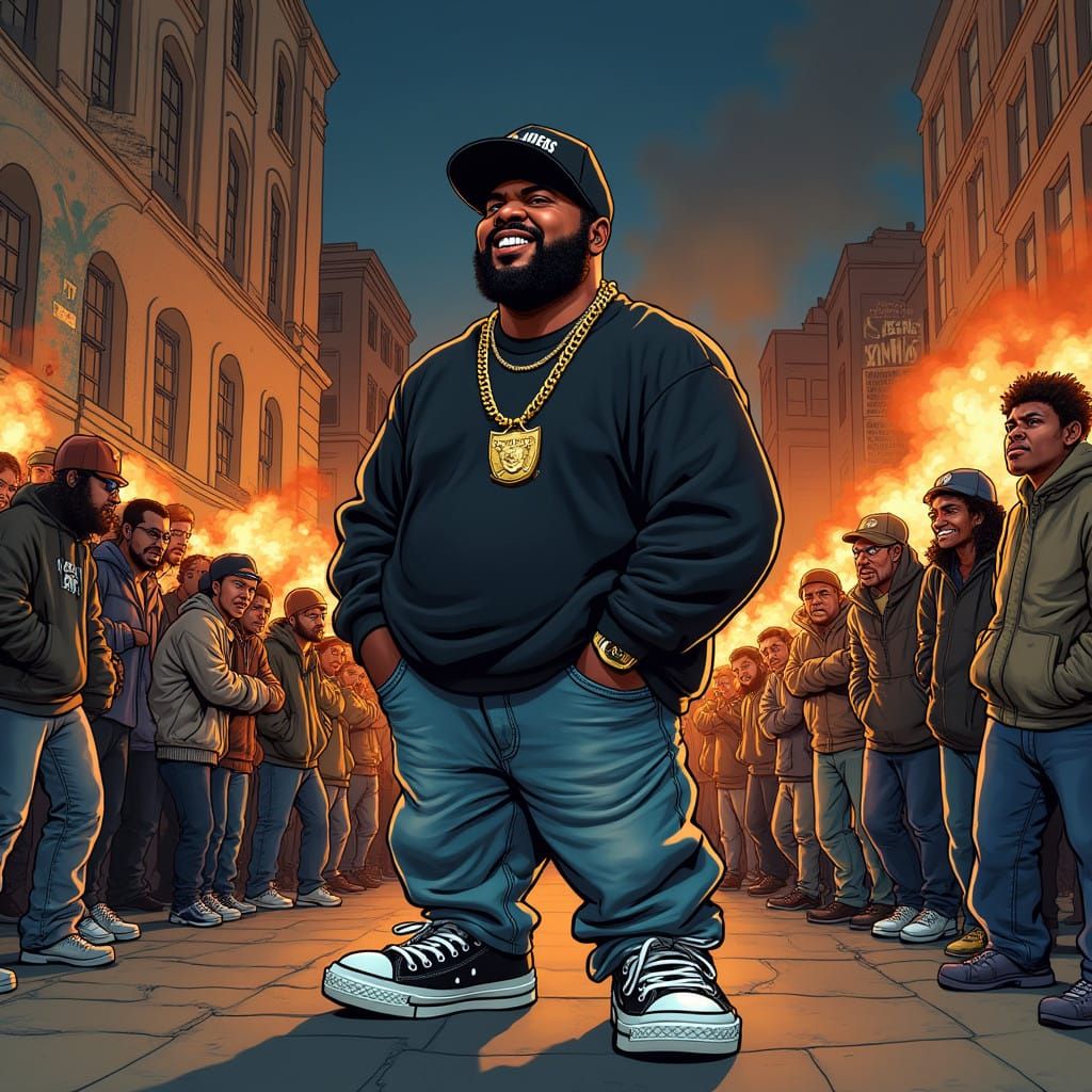Hip Hop Icon Amidst Rioters in Vibrant, Cartoonish Cityscape