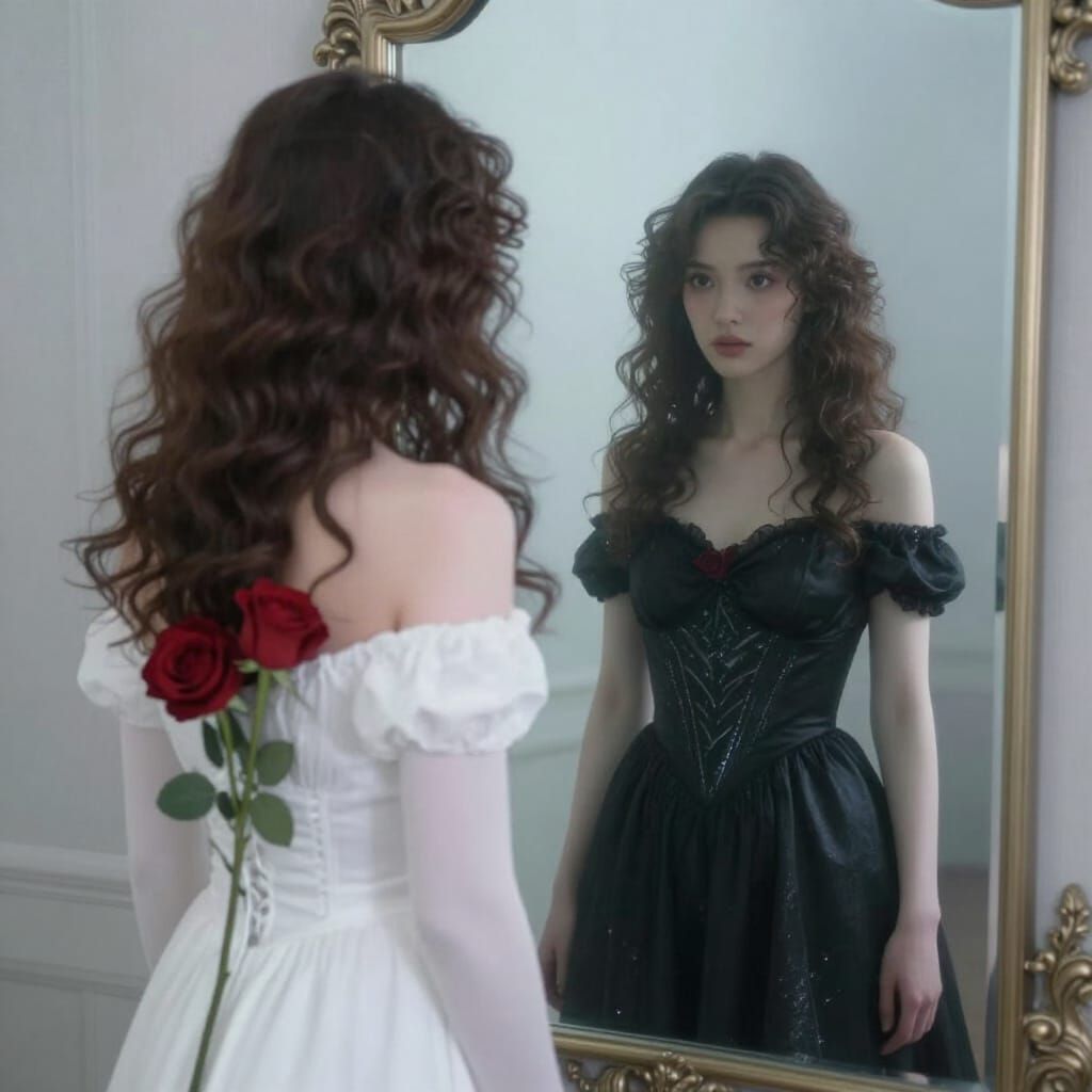 Ethereal Mist Portrait: Woman Sees Twin in Mirror