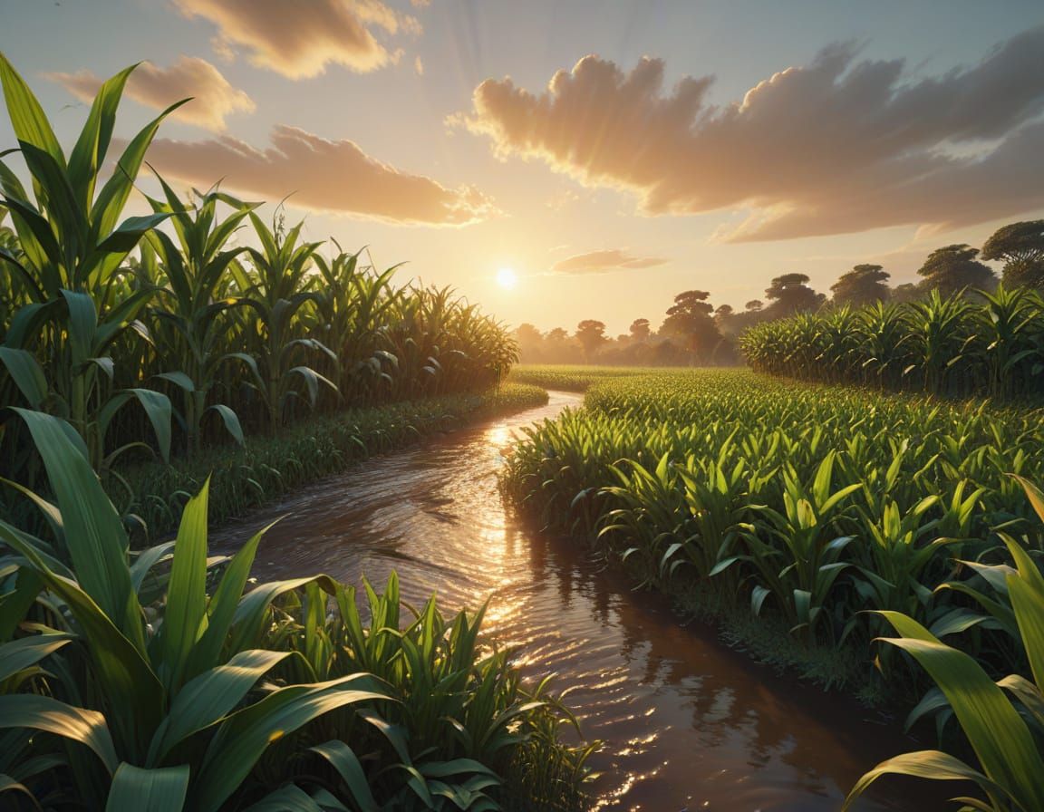 African Corn Field at Golden Hour: Vibrant Oil Painting