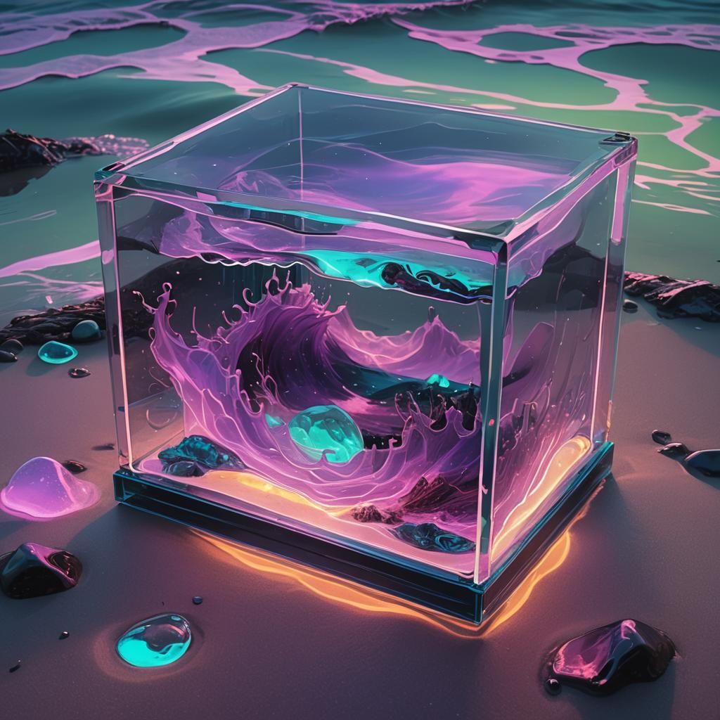 Bioluminescent Wave in Glass Box: Surreal Digital Art