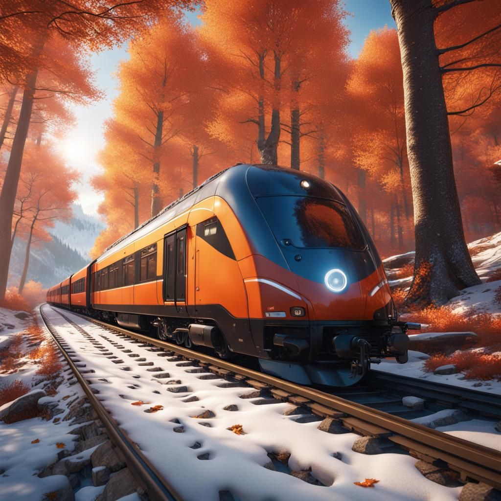 Autumn Train Journey in Snowy Landscape