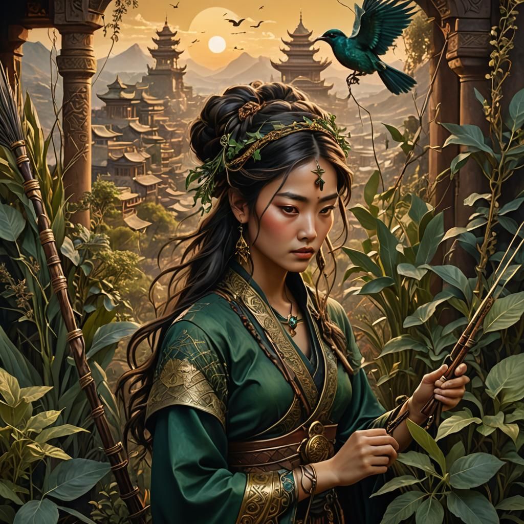 Mysterious Oriental Herb Gatherer in Dreamy Fantasy