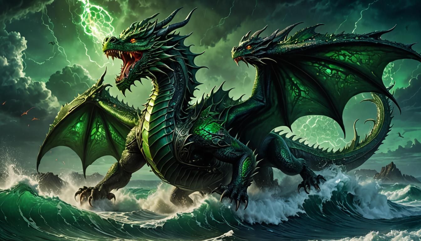 Metallic Green Dragon Roaring Over Stormy Sea