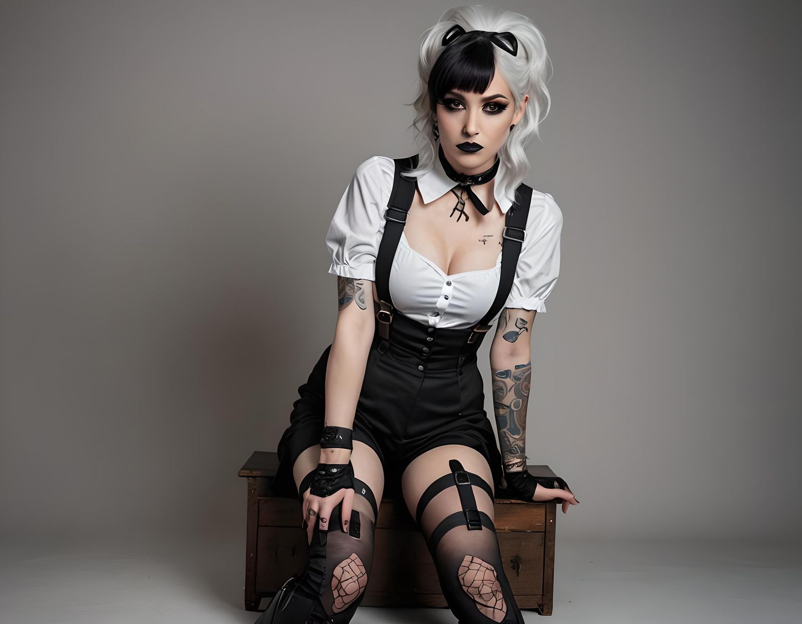 Goth Woman Poses with White Hair and Tattoo