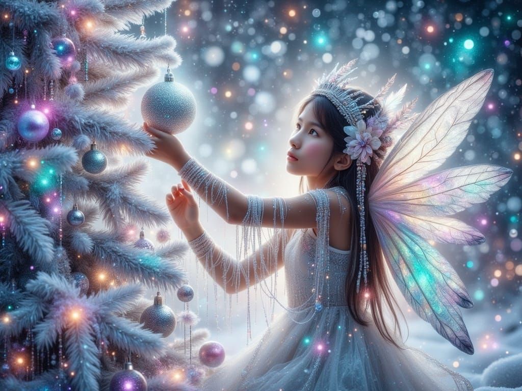 Whimsical Fairy Princess Decorates Sparkling Christmas Tree