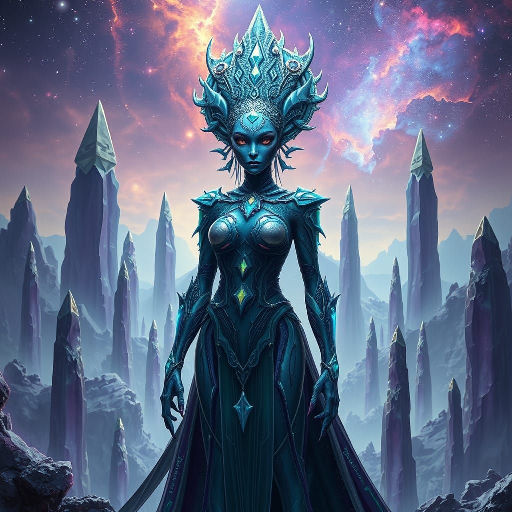Alien Queen Surveys Crystalline Kingdom in Digital Matte Pai...