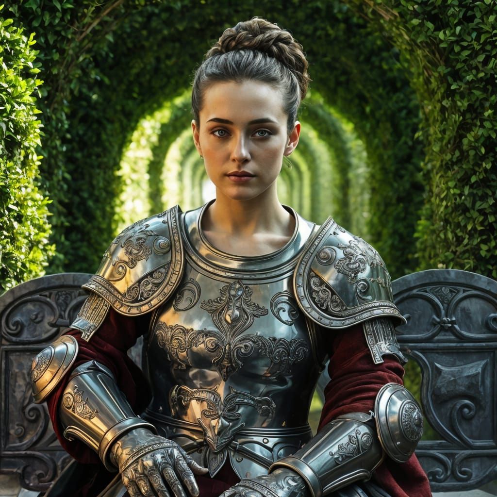 Medieval Lady in Chrome Armor, Beside a Majestic Hedge Maze