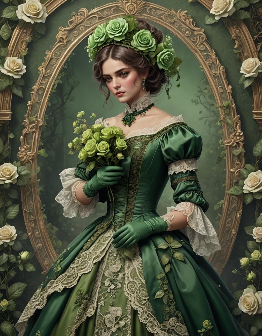 Victorian Woman in Green Roses Dress with Fan