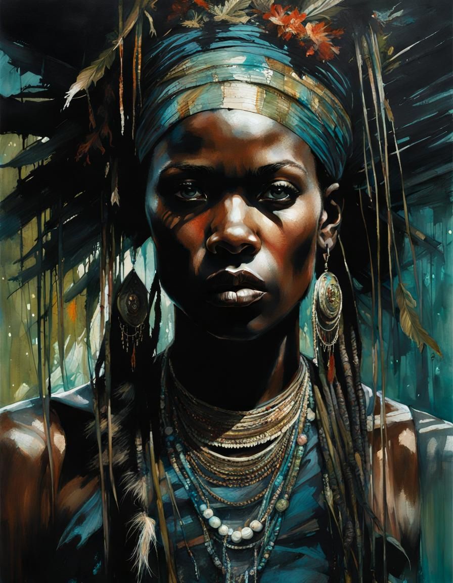 Witch Doctor Portrait in Scratchboard Ink Style