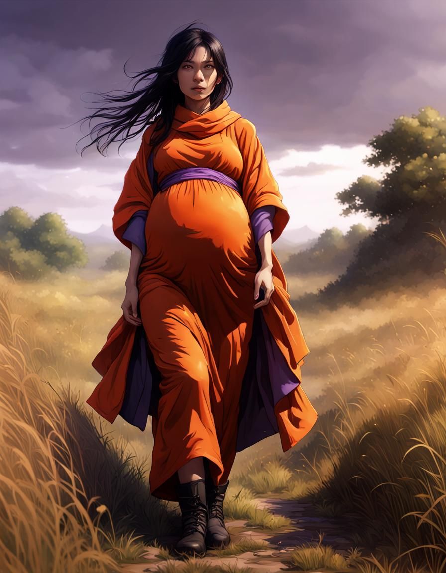 Pregnant Monk in Grassy Field, Dark Fantasy Art