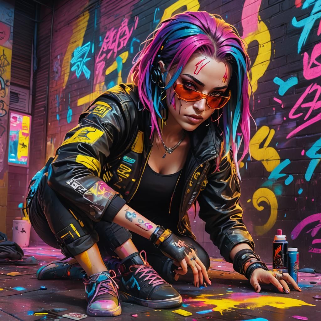 Cyberpunk Girl Creates Neon Mural at Night