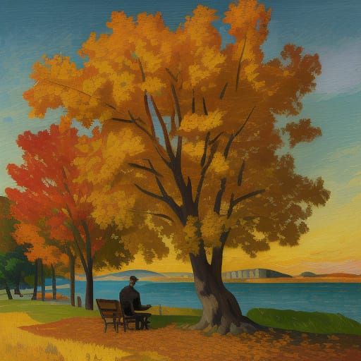 Gauguin Style Autumn Landscape with Solitary Figure