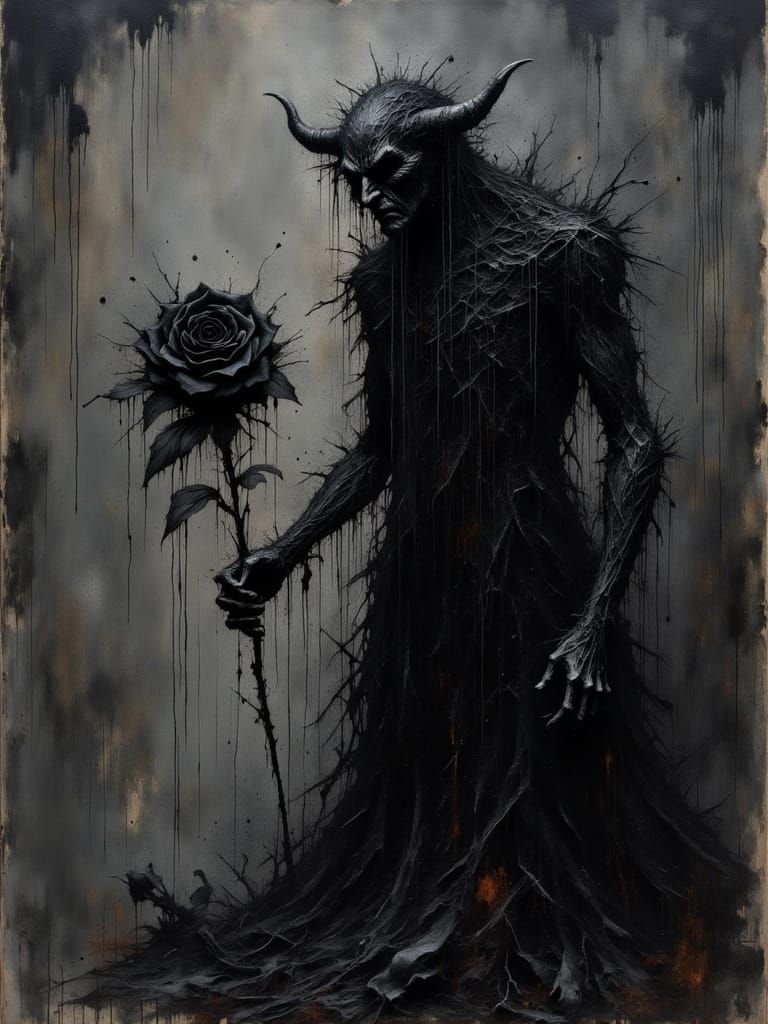 Demon with Black Rose: Acrylic and Ink Abstract