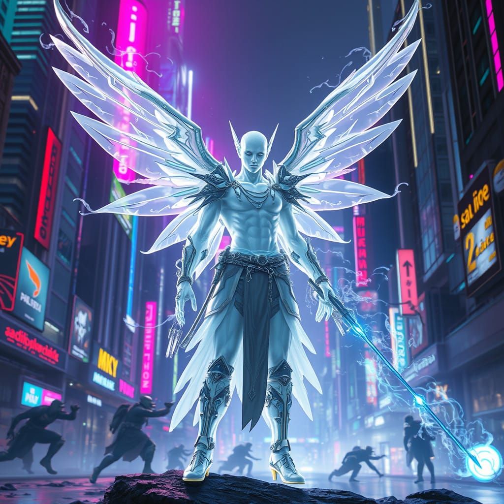 Cyberpunk Monk Unleashes Radiant Power in Futuristic City