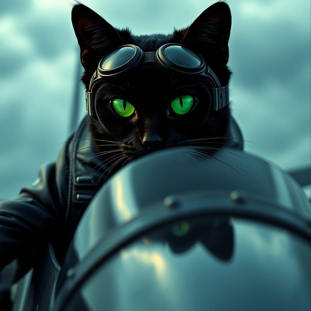 Black Cat Pilot in Fighter Plane, Cinematic Film Still