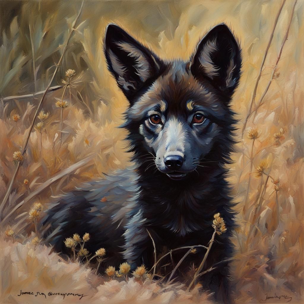 Black Coyote Pup as Oil Painting