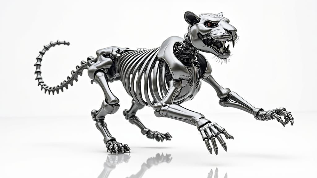 Futuristic Chrome Tiger Skeleton in Mid-Air Leap