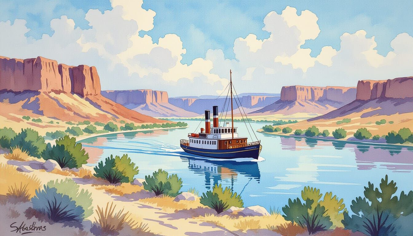 Steamboat Antonia on Rio Grande Watercolor Painting