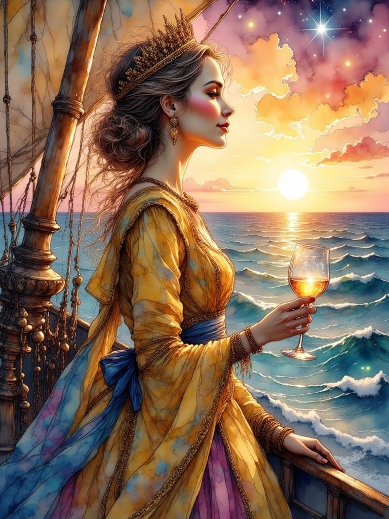 Regal Woman Toasting Under Starry Sunset Skies