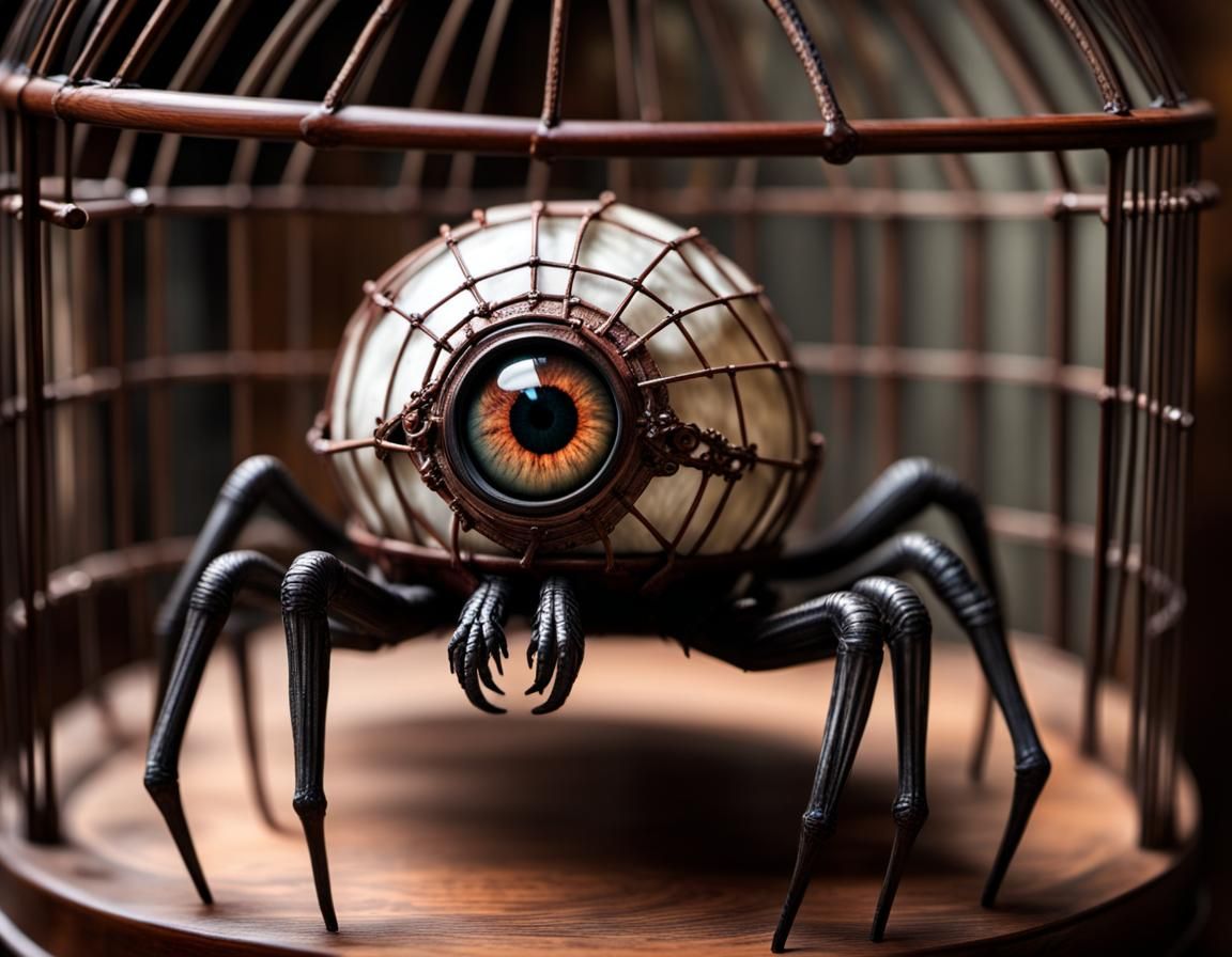 Eyeball Spider in Birdcage, Biomechanical Art