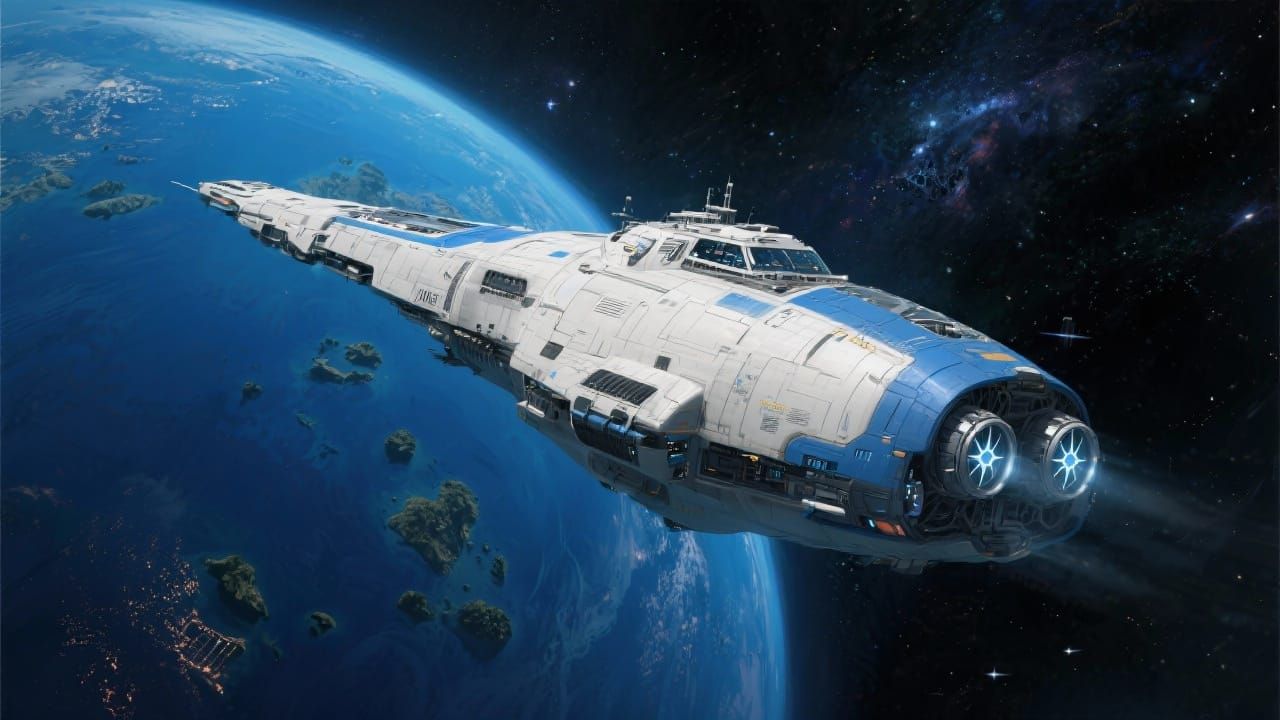 Futuristic Spaceship Near Blue Planet in Cosmic Art Style