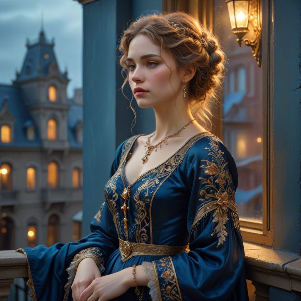 Victorian Lady Overlooking City in Art Nouveau Style