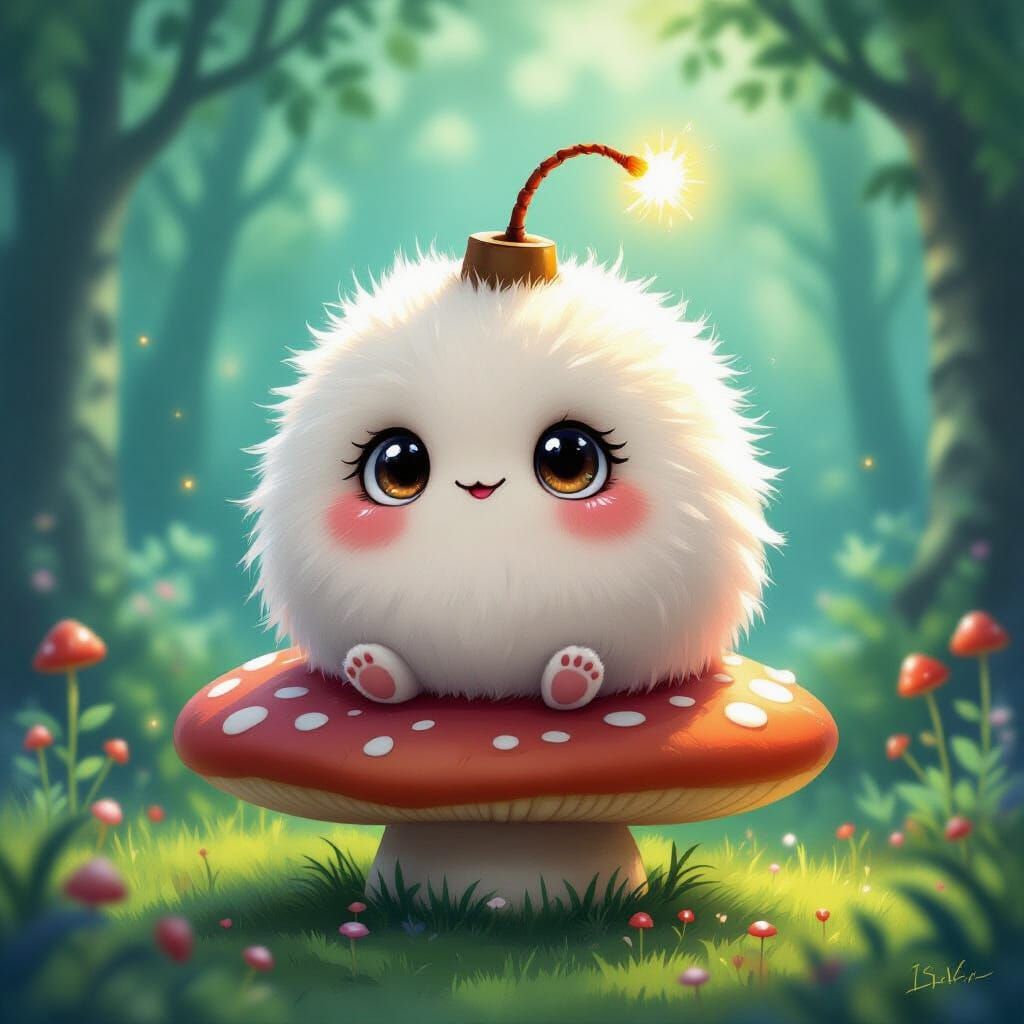 Cute Bomb Creature on Mushroom in Magical Forest