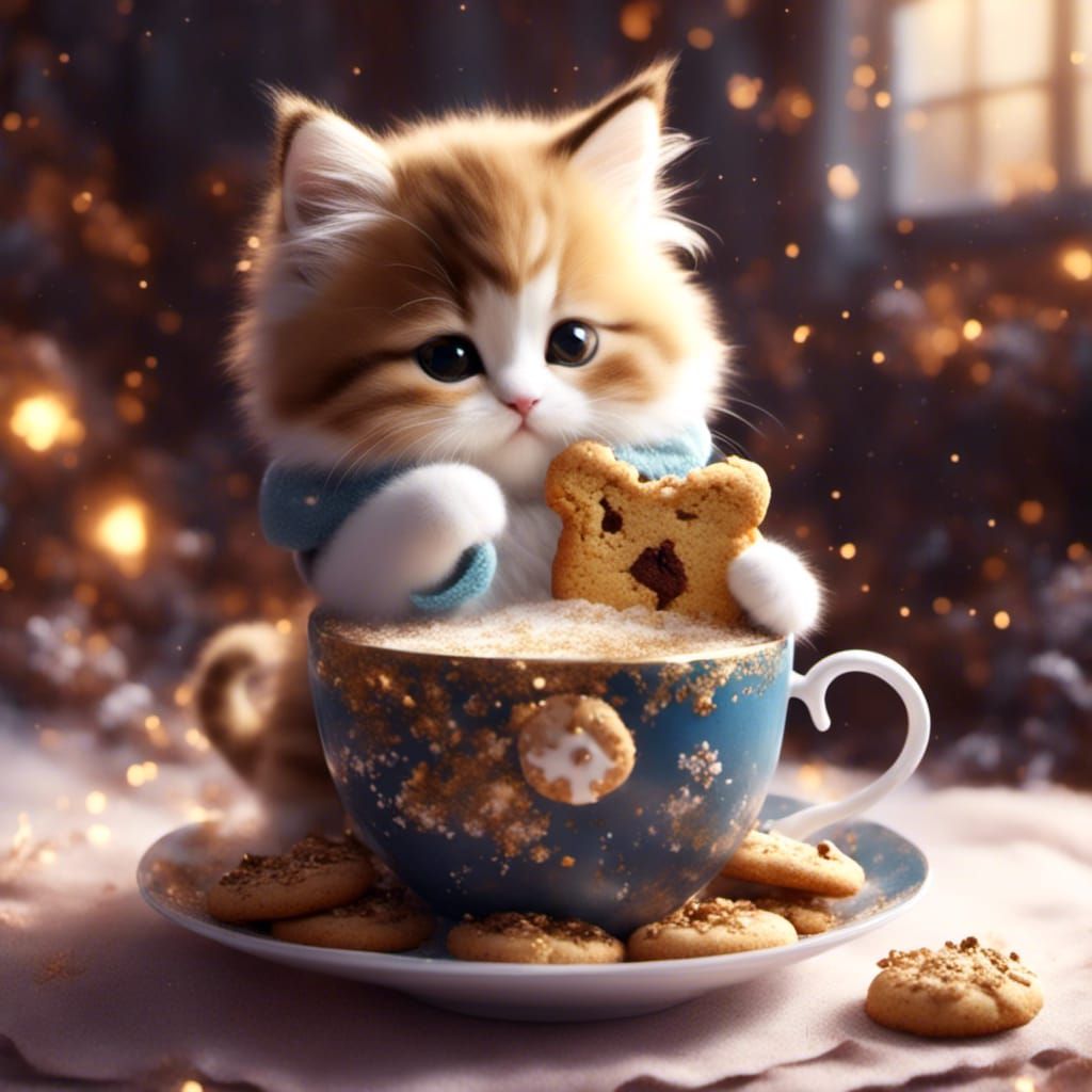 Calico Kitten Lounging in Teacup with Cookie