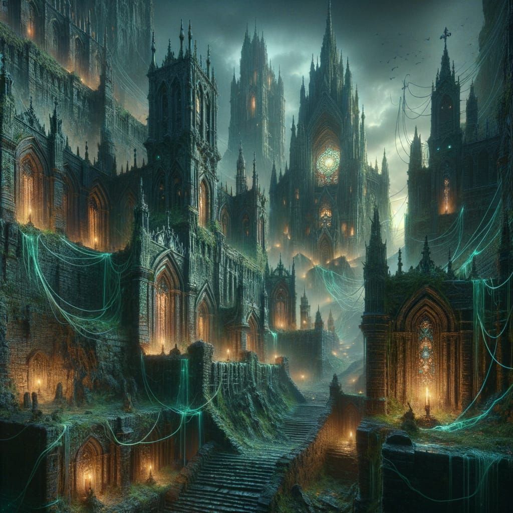 Medieval City with Bioluminescent Vines