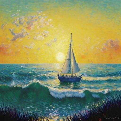 Easter Bunny Rows the Sea: Neo-Impressionist Oil Painting