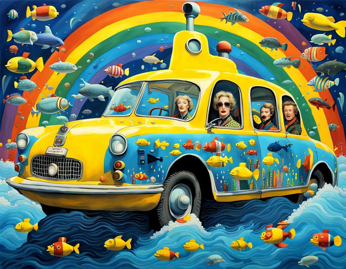 Merrill Streep Drives Cartoon Submarine: Dali-esque Image