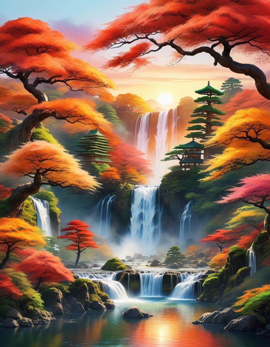 Waterfall in Bonsai Valley: Hyperrealistic Watercolor Art