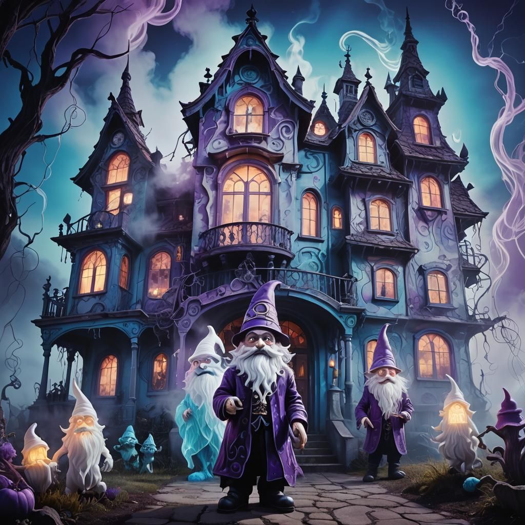 Surreal Gnome Ghosts in Front of Haunted House
