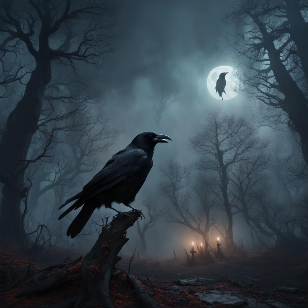 Edgar Allan Poe in Spooky Forest at Night