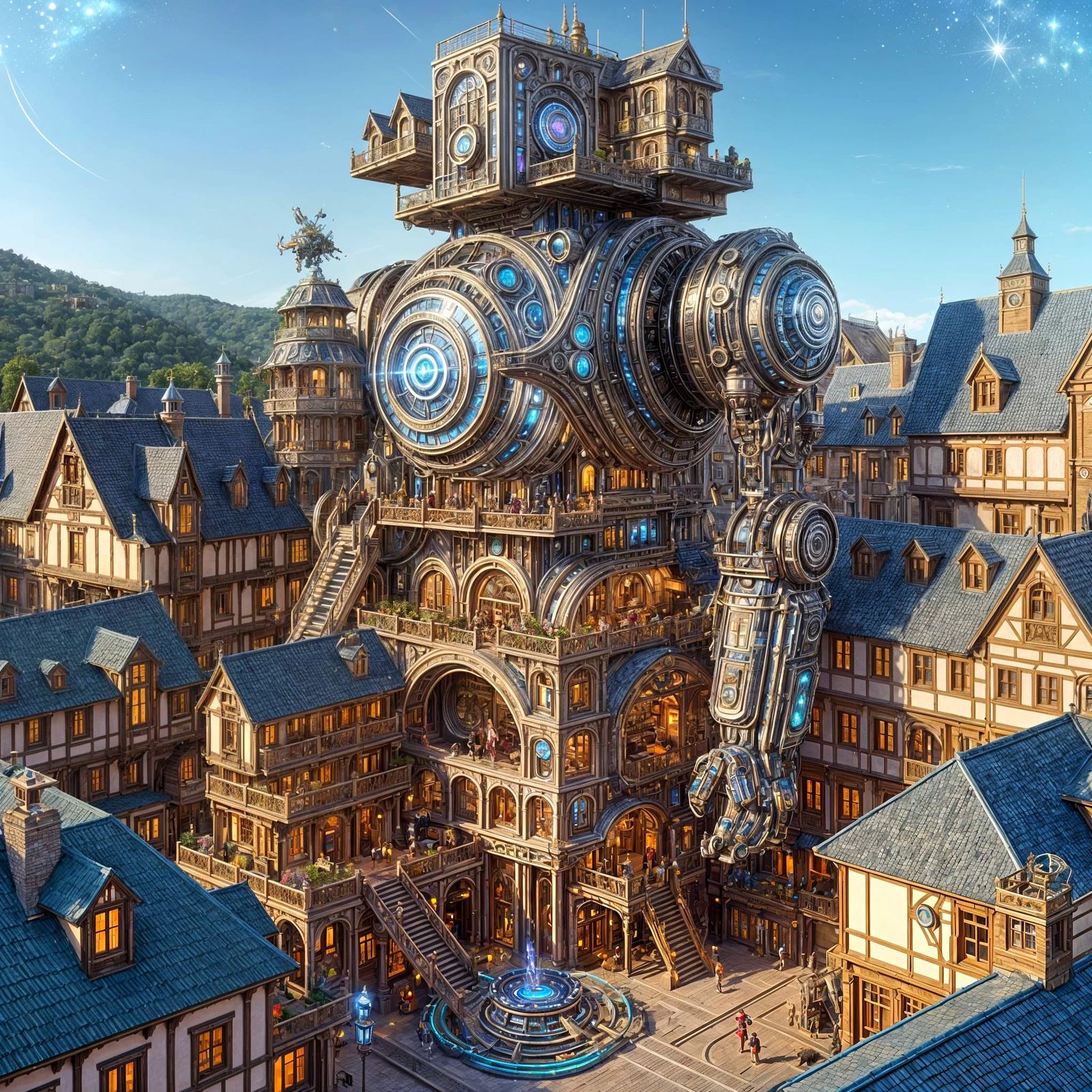 Steampunk Robot Tower in Quaint Village: Photorealistic Visi...
