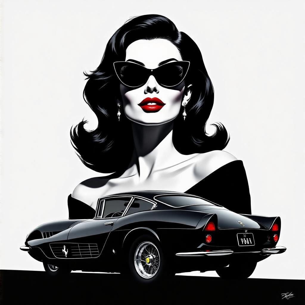 Classic 1960s Femme Fatale in a Sleek Luxury Car